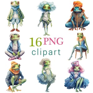 May include: A collection of 8 whimsical frog illustrations, each dressed in unique outfits. The frogs are depicted in various poses and attire, including coats, hats, and dresses. The text "16 PNG clipart" is also included.