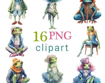16 PNG, imágenes prediseñadas de ranas, lindas ilustraciones de ranas con atuendos, personajes de ranas para manualidades, uso comercial, imprimibles, descarga digital