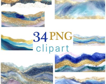 Abstract Watercolor Borders Clipart: Blue and Gold Foil PNG Images (Transparent bg, Digital Download, Printables for Scrapbooking & Crafts)
