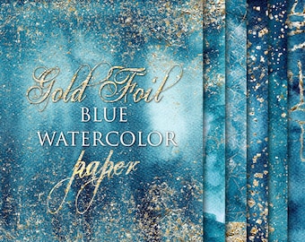 12 Blue Watercolor Digital Papers with Gold Foil Finish, Instant download, Digital files, Blue background, Gold Foil, Watercolor Texture