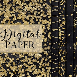 12 Digital Black & Gold Glitter Backgrounds, Black and Gold Digital Paper, Instant download, Black background with Gold Glitter Textures