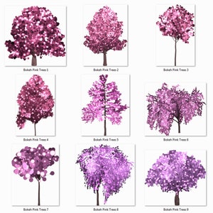 May include: Nine digital illustrations of pink trees with bokeh effects. The trees are various shapes and sizes, with some having a more rounded shape and others having a more wispy shape.