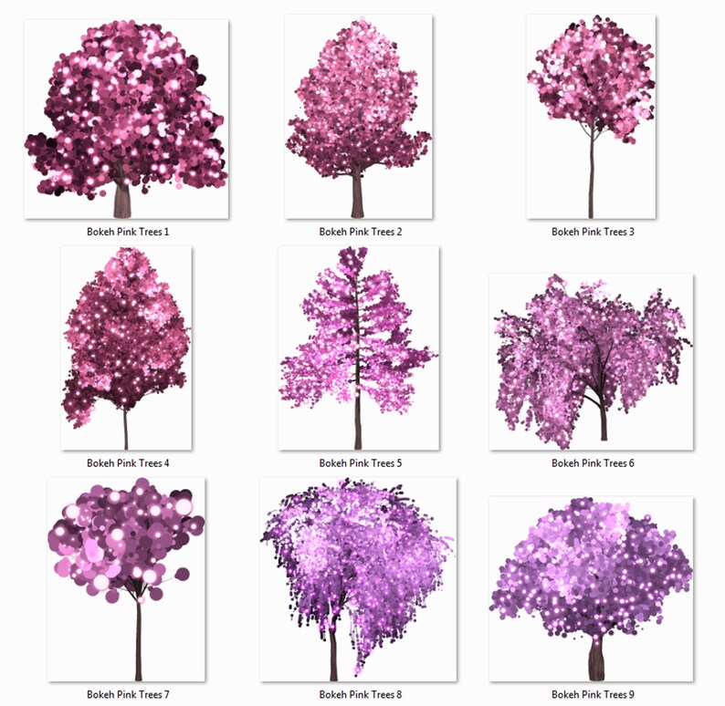 May include: Nine digital illustrations of pink trees with bokeh effects. The trees are various shapes and sizes, with some having a more rounded shape and others having a more wispy shape.