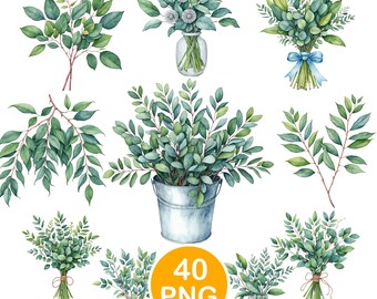 Greenery Bouquet Clipart PNG, Watercolor Green Branches Sublimation Art