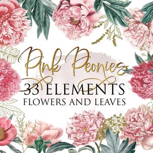 33 PNG Floral Design-Elemente, Pfingstrosen Clip Art, Sofort-Download, Pfingstrose Clipart, rosa Blumen, einzelne florale Elemente, kommerzielle Nutzung