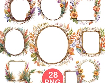 Pampas Frame Clipart, Watercolor Boho Frame PNG, Meadow Borders, Digital Download