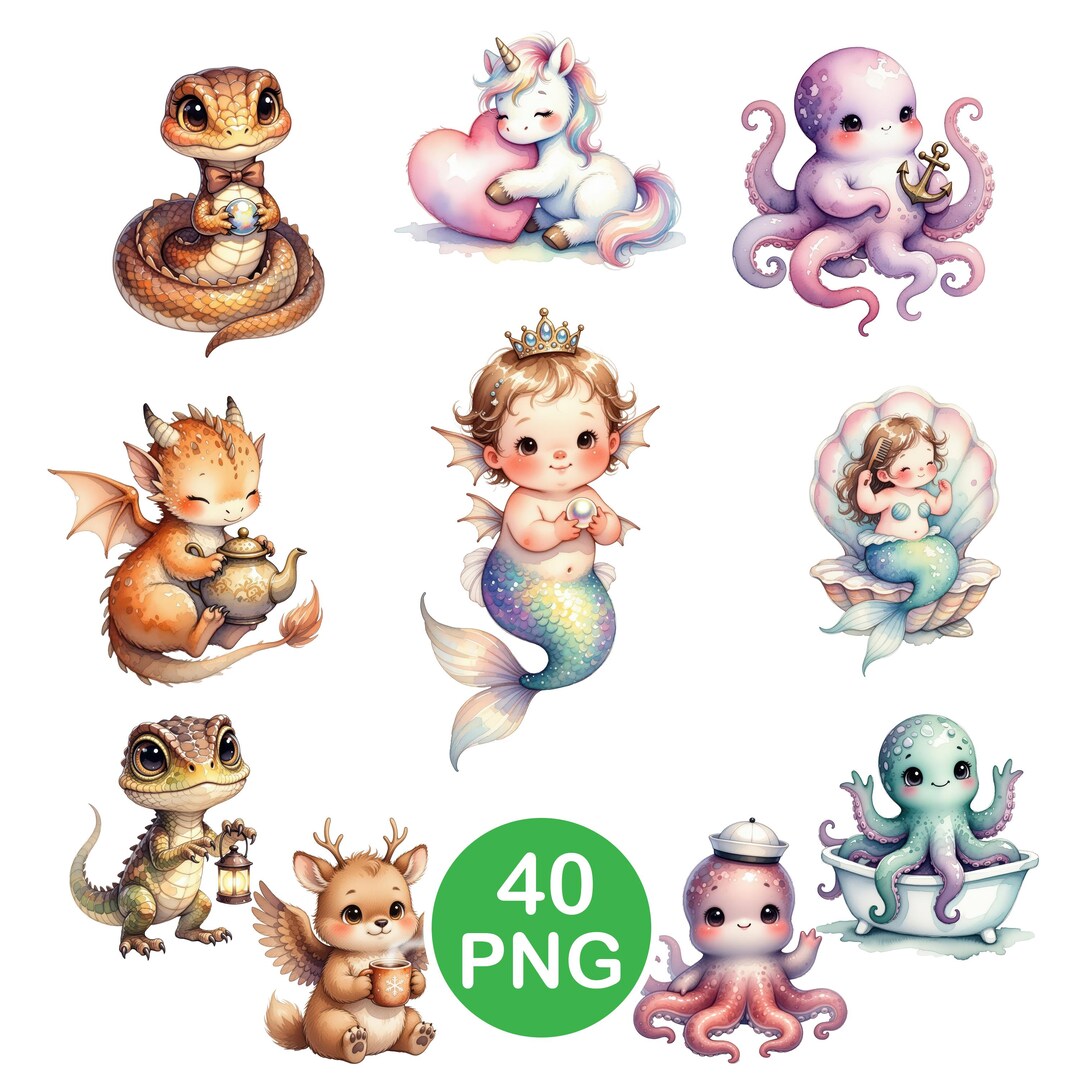 Cute Fantasy Creatures Clipart, Baby Mythical Animals, Magical ...