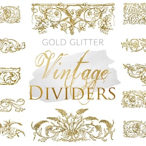 16 PNG Gold Glitter Vintage Dividers, Digital pack, Instant download, Design elements, Clipart, Text Dividers, Vintage Borders