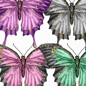 May include: Four butterflies with glittery wings in shades of purple, pink, green, and gray. The butterflies have gold accents and are arranged in a symmetrical pattern.