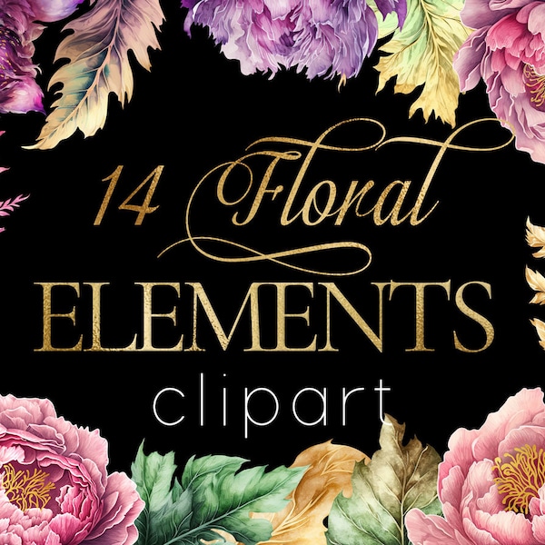 14 PNG, Pink & Purple Peonies, Floral Elements, Clipart