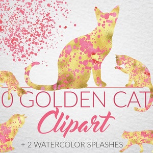 10 cliparts numériques de chats dorés, aquarelle or et rose, logo de chat, téléchargement immédiat
