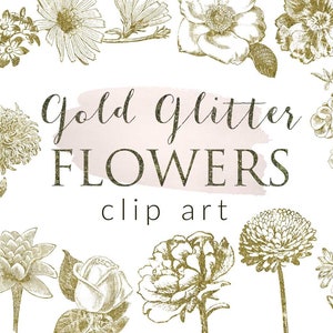 20 png-gouden glitterbloemen, illustraties, ontwerpelementen, instant download, bloemen clipart, gouden glitter botanische zeer fijne tekeningen, commercieel gebruik