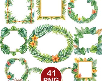 Tropical Frame Clipart, Watercolor Jungle Frame PNG, Palm Leaf Borders, Digital Download