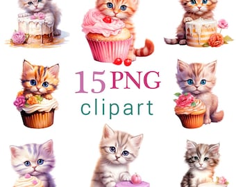 15 PNG Kätzchen mit Cupcake Clipart-Set, süße Katzen und Kuchen PNG, für Geburtstagsfeier, Kinder-Party-Digitale Dateien, kommerzielle Nutzung, Printable