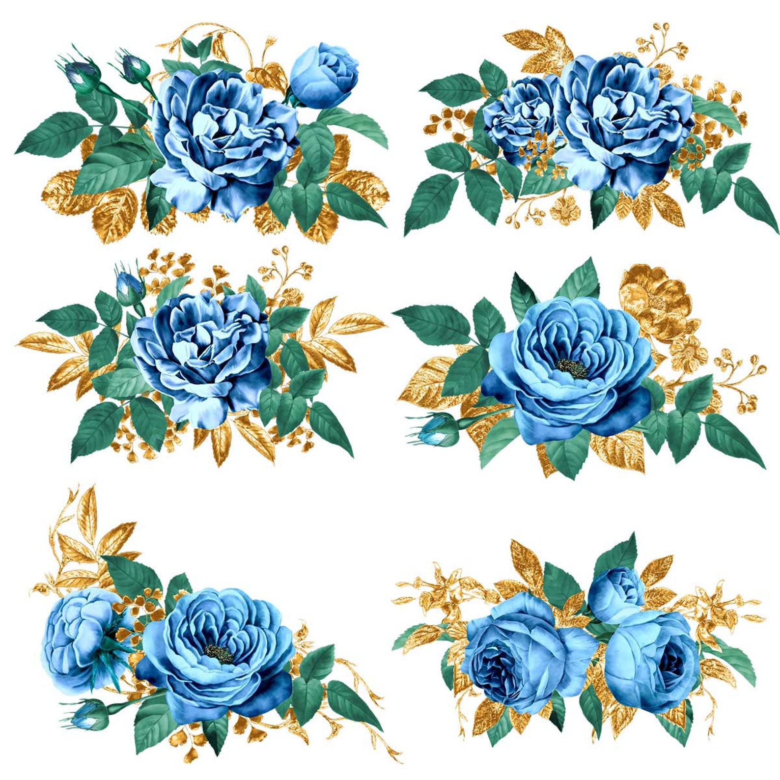 16 PNG Blue Roses Bouquets With Gold Leaves Blue and Gold Etsy Ireland