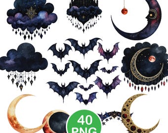 Gothic Moon Clipart, Celestial Moon PNG, Dark Fantasy Graphics, Digital Download