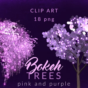 May include: Clip art of 18 pink and purple bokeh trees. The trees are made up of circles of light. The text "Bokeh Trees" is written below the trees.