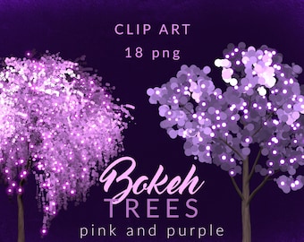 May include: Clip art of 18 pink and purple bokeh trees. The trees are made up of circles of light. The text "Bokeh Trees" is written below the trees.