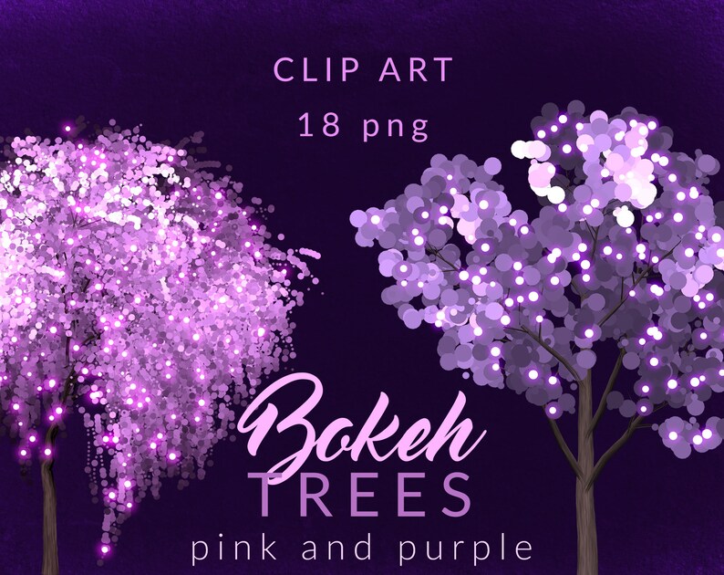 May include: Clip art of 18 pink and purple bokeh trees. The trees are made up of circles of light. The text "Bokeh Trees" is written below the trees.