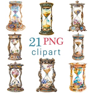 May include: A collection of ornate hourglass clipart images. Each hourglass features intricate designs, including floral patterns and decorative bases. The text "21 PNG clipart" is displayed in the center of the image.