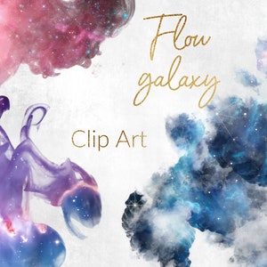 May include: Two watercolor galaxy clip art images. One is a pink and purple galaxy with stars. The other is a blue and white galaxy with stars. The text "Flow galaxy Clip Art" is written in gold lettering.