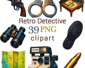 Retro Detective Clipart, Noir Detective Illustrations, Crime Scene Elements: PNG Images (Transparent bg, Digital Download, Printables)