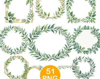 Greenery Frame Clipart, Watercolor Eucalyptus Frame PNG, Botanical Borders, Digital Download