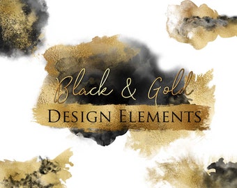 14 PNG Black and Gold Design Elements, Digital pack, Instant download, Gold&Black Clip Art, Gold and Black Brush Strokes
