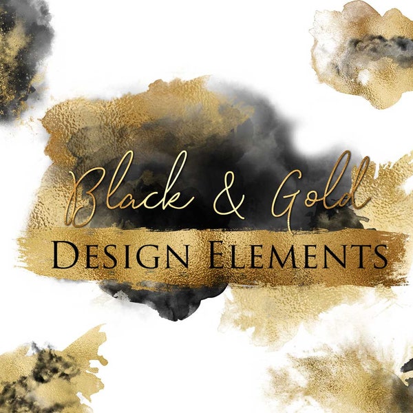 14 PNG Black and Gold Design Elements, Digital pack, Instant download, Gold&Black Clip Art, Gold and Black Brush Strokes