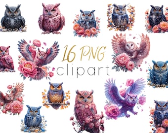 Floral Owl Clipart: Gemstone & Flower Designs (PNG Digital Download)