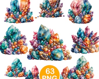 Crystal Clipart, Watercolor Gemstone Cluster PNG, Colorful Crystal Graphics, Digital Download