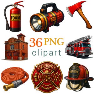 May include: A collection of illustrated firefighter-themed clipart. Includes a red fire extinguisher, a flashlight, an axe, a fire station, a fire truck, a fire hose, a firefighter emblem, and a helmet. The text "36 PNG clipart" is also present.