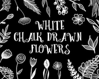 May include: White chalk drawn flowers on a black background. The text "White Chalk Drawn Flowers" is written in the center of the image.