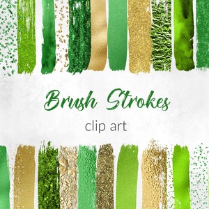 27 PNG Brush Strokes, Green and Gold Strokes, Digital files, Instant download, Metallic Foil Brush Stroke Bundle, Paint Stroke clipart