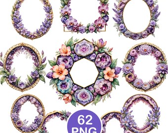 Amethyst Crystal Frame Clipart PNG, Watercolor Floral Wreath Sublimation Art