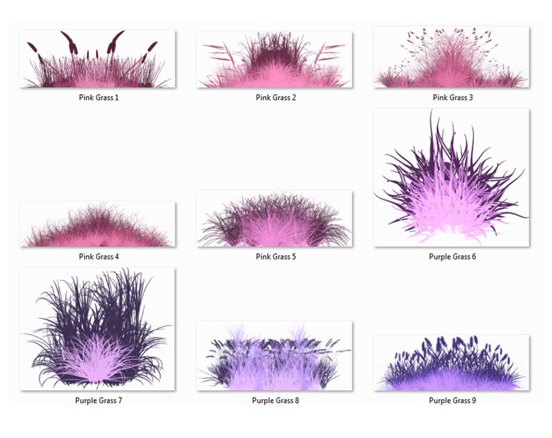 May include: Nine digital illustrations of pink and purple grass. The grass is arranged in a grid of three rows and three columns. Each image is labeled with the color and number of the grass.