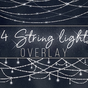 Puede incluir: 14 superposiciones de luces de cadena, un gráfico digital con luces de cadena blancas sobre un fondo azul oscuro con un efecto estrellado.