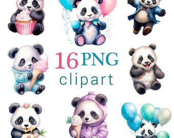 May include: A collection of 16 PNG clipart images featuring adorable panda bears in various poses. The pandas are depicted with cupcakes, ice cream cones, balloons, and cakes. The pandas are wearing outfits and accessories in shades of blue, pink, and purple.