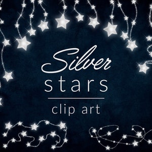May include: Silver stars clip art featuring a string of silver stars on a dark blue background. The stars are arranged in a curved shape, with the text "Silver stars clip art" in the center.