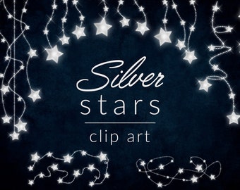 16 PNG Digital Silver Glowing Stars, Instant download,  design elements, clip art, Silver Stars Overlay