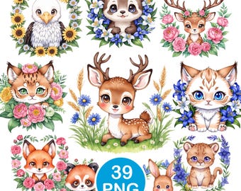Cute Floral Animal Clipart, Woodland Baby Animal PNG, Nursery or Baby Shower Graphics, Spring Forest Digital Download