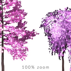 May include: Two trees with pink and purple leaves, with white lights strung throughout the branches. The trees are on a white background. 100% zoom.