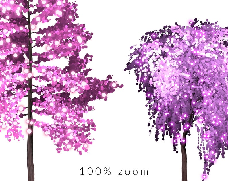 May include: Two trees with pink and purple leaves, with white lights strung throughout the branches. The trees are on a white background. 100% zoom.