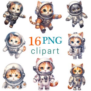 May include: A collection of 8 cartoon images of cats dressed as astronauts. The cats are in various poses, wearing white and orange space suits with helmets. The text "16 PNG clipart" is displayed in orange and teal.