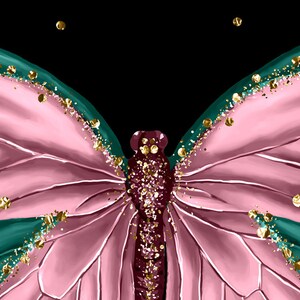May include: A pink and green butterfly with gold glitter accents. The butterfly's wings are spread open, and the glitter is scattered across the wings.