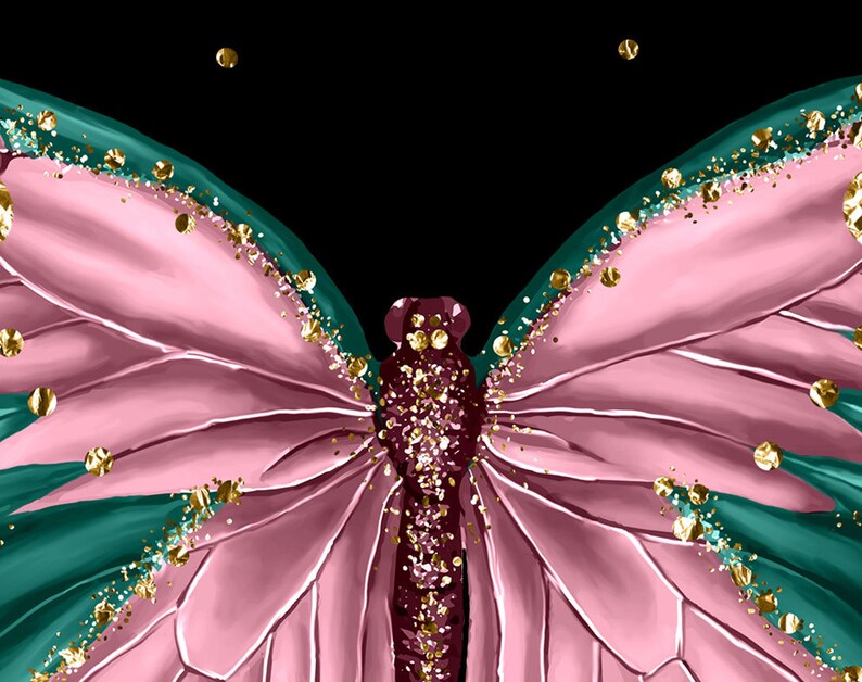 May include: A pink and green butterfly with gold glitter accents. The butterfly's wings are spread open, and the glitter is scattered across the wings.