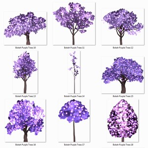 May include: Nine digital illustrations of purple trees with bokeh effects. The trees are in various styles and sizes, with some having a more realistic look and others being more stylized.