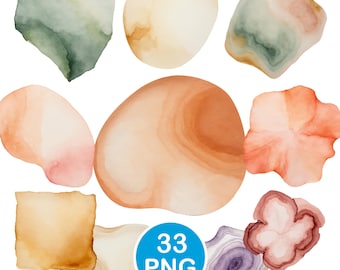 Neutral Watercolor Clipart, Abstract Ink Blobs PNG, Soft Agate Wash Shapes, Digital Download