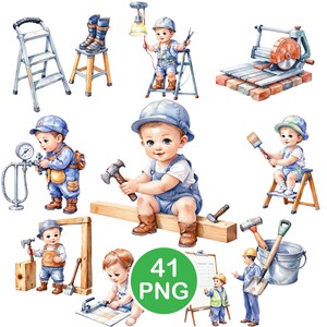 Puede incluir: Ilustraciones en acuarela de bebés vestidos como trabajadores de la construcción. La imagen incluye un bebé con un martillo, un bebé en una escalera y un bebé usando una sierra. Otras herramientas incluyen una pala, un pincel y un manómetro.