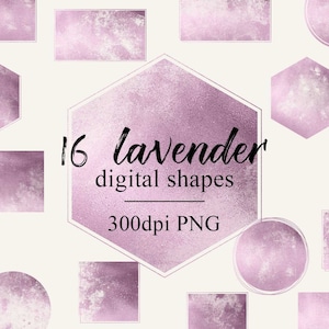 Könnte beinhalten: 16 digitale Formen in Lavendelfarbe mit Metallic-Finish. Die Formen sind eine Auswahl an Kreisen, Quadraten, Sechsecken und Rechtecken. Die Formen sind 300 dpi PNG-Dateien.